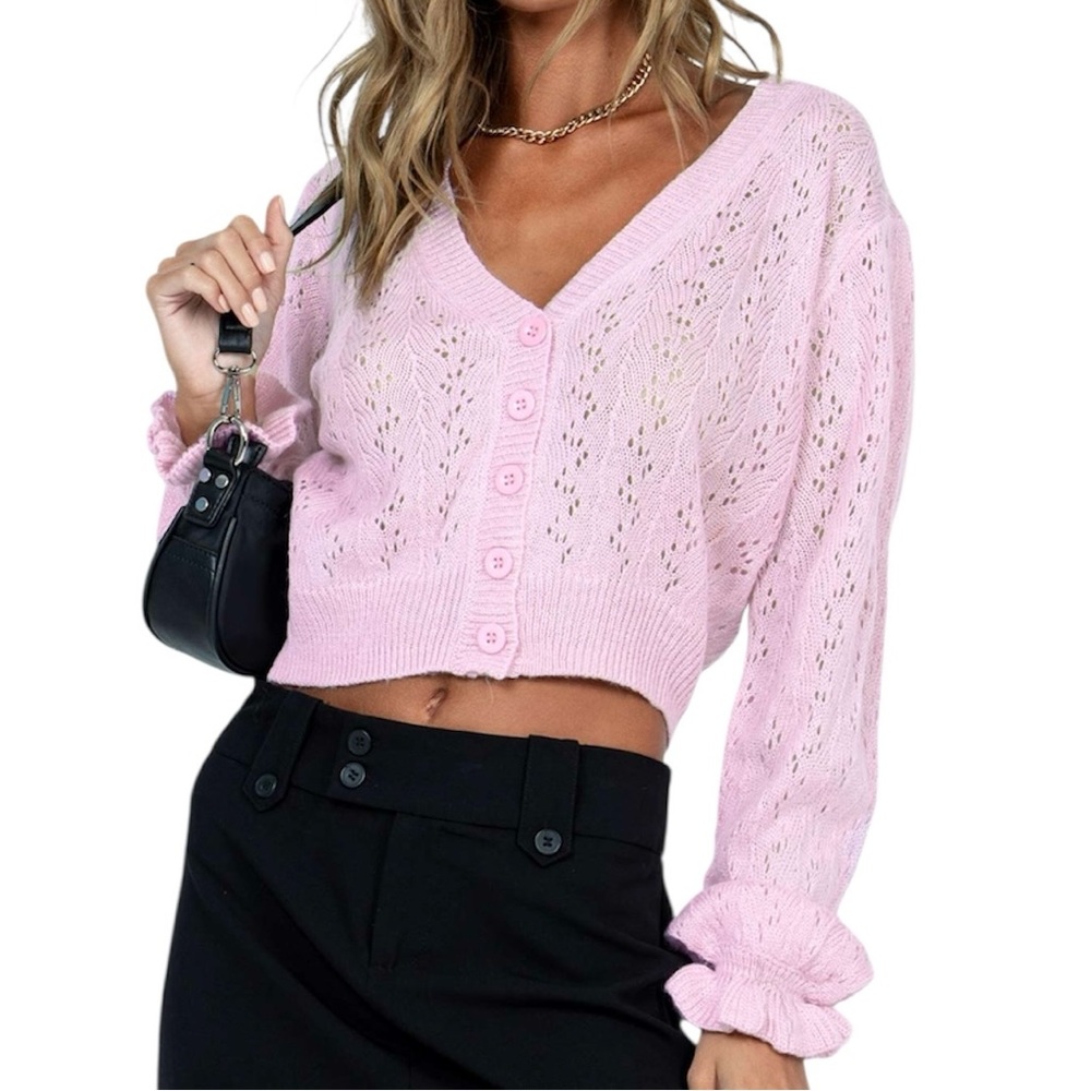 Princess Polly Pink Cropped Cardigan Sweater Lightweight Vneck Ruffle S M